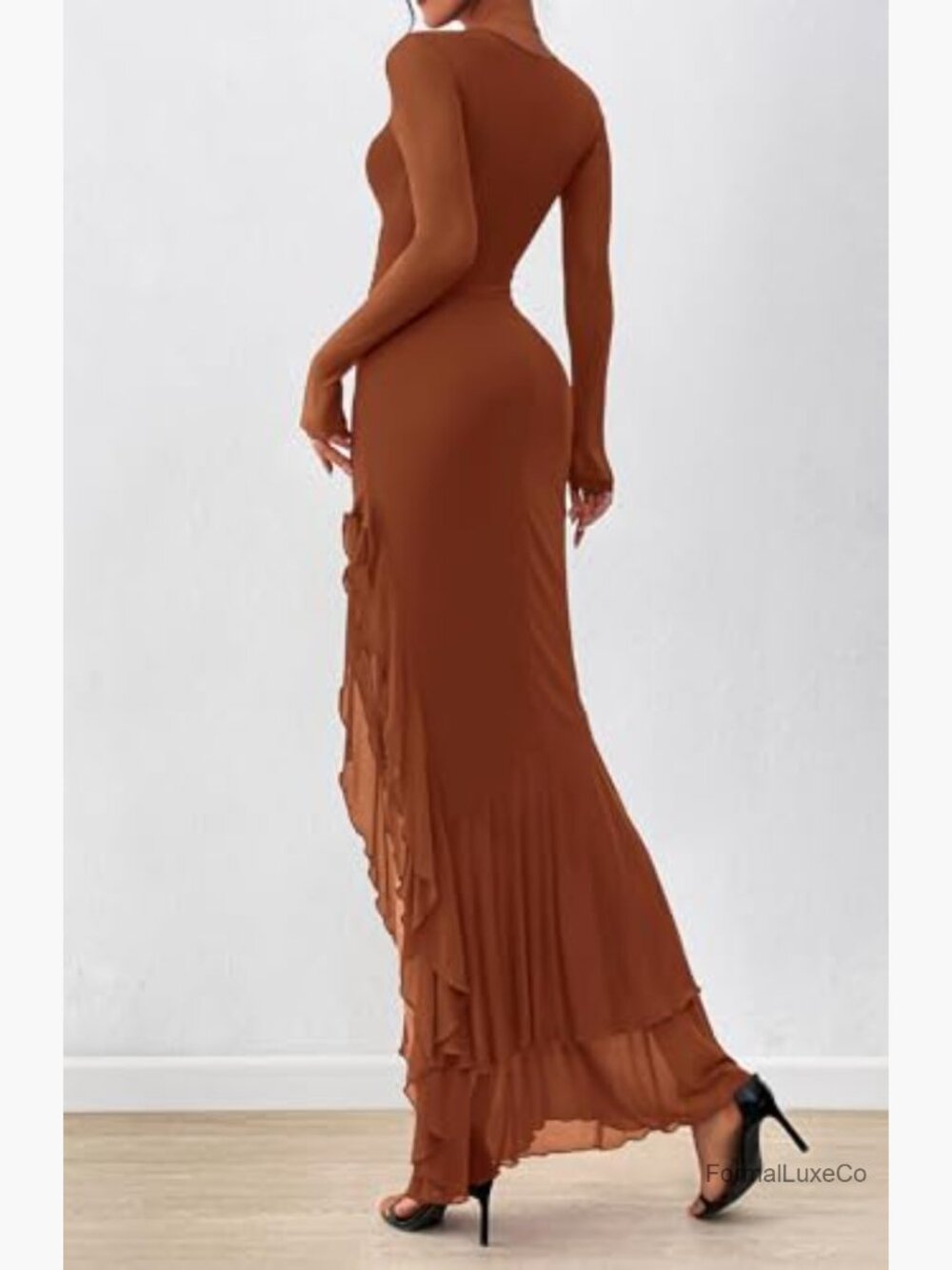 Elegant Long Sleeve Ruched Mermaid Maxi Dress Cocktail Wedding Guest - Picture 3 of 7